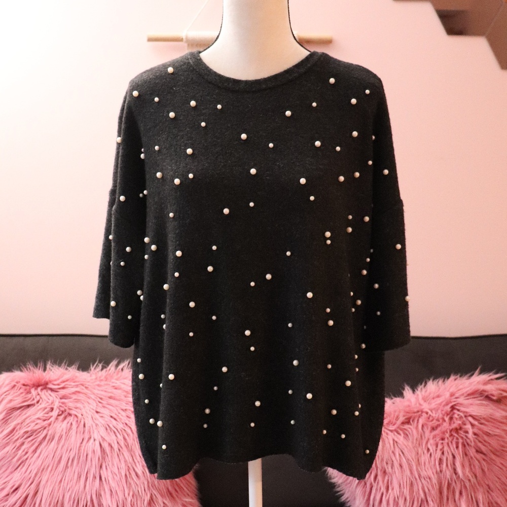 Zara dark gray all over pearl 3/4 Sleeve top